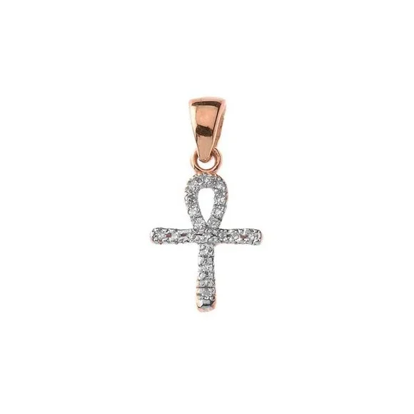 10k Solid Gold Mini Diamond Ankh Cross Pendant Necklace Yellow